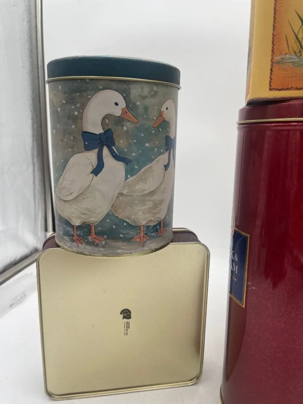 Lot of 7 Decorative Vintage Tin Containers Advertising Snack And Holiday Themes